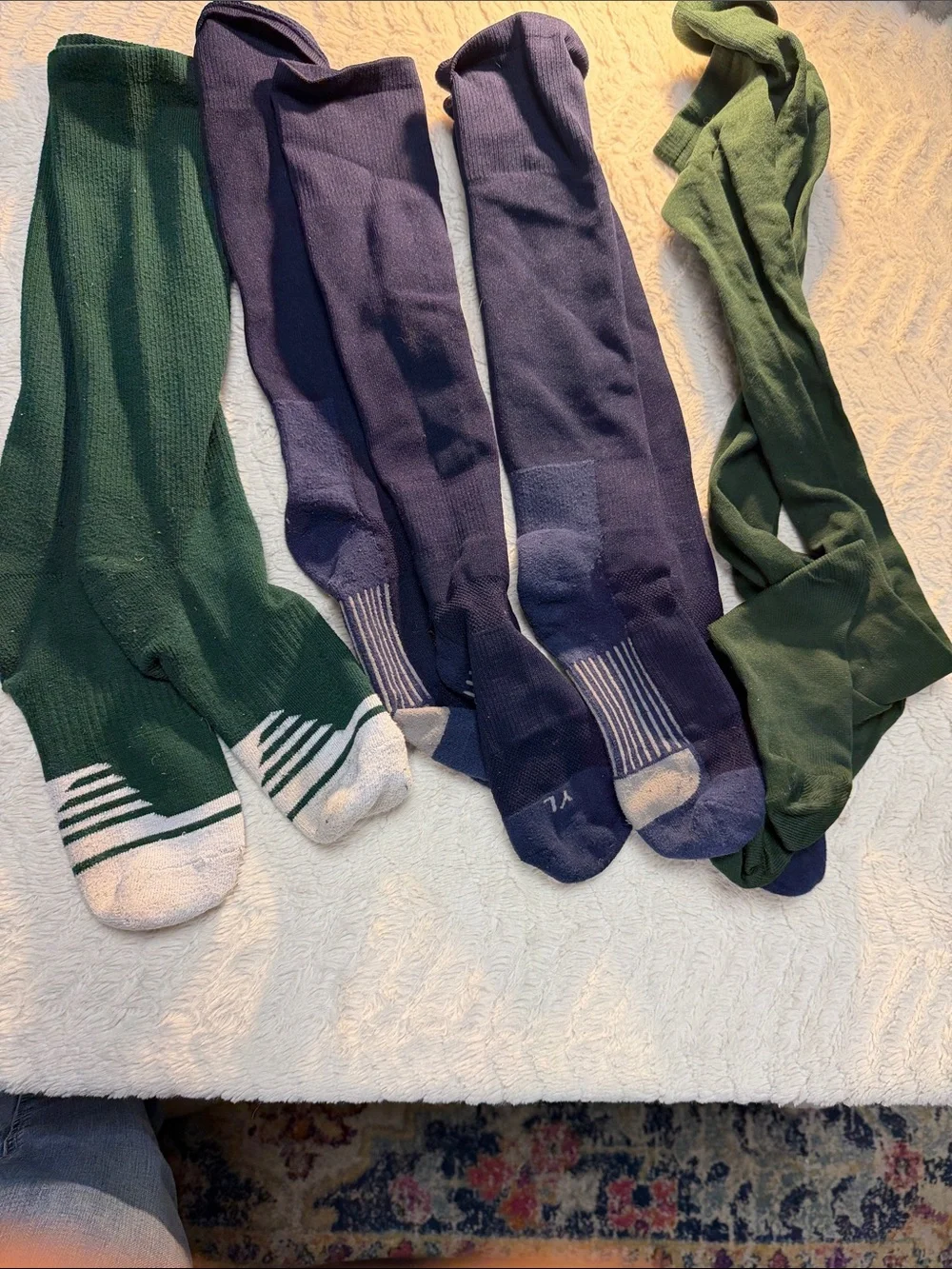 Four Pair Youth Large Softball socks, 3 thick, 1 thin